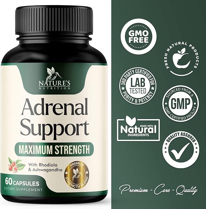Adrenal Support Supplements - Ashwagandha & 10 Adaptogenic Herbs including Rhodiola Rosea, Holy Basil – Adrenal Supplement Support for Balanced Energy, Adrenal Fatigue, Calm, Relaxation – 60 Capsules
