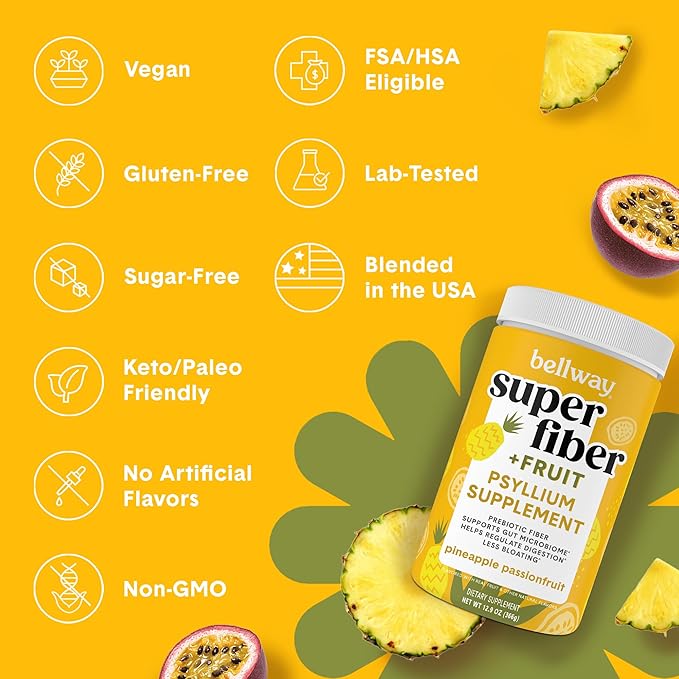 Bellway Super Fiber Powder + Fruit (3 Pack), Sugar Free Organic Psyllium Husk Powder Fiber Supplement for Regularity, Bloating Relief & Gut Health, Plant-Based, Pineapple Passion Fruit (150 Servings)