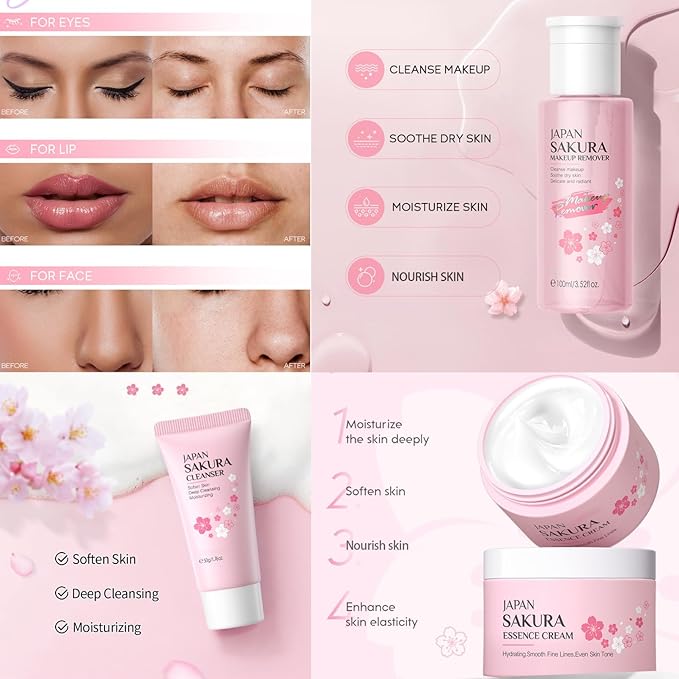 Skincare Set Sakura Teen Girls Gifts - Skin Care Set - 5PCS Skin Care Kit - Skincare for Teens 10-12 - Hydrating Skin Care Sets & Kits - Makeup Remover,Bunny Headband,Cleansing Brush,Cleanser,Cream