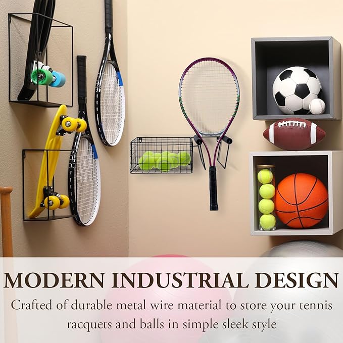 MyGift Hanging Metal Tennis Racquet and Tennis Ball Storage Basket Rack, Wall Mounted Racket Holder