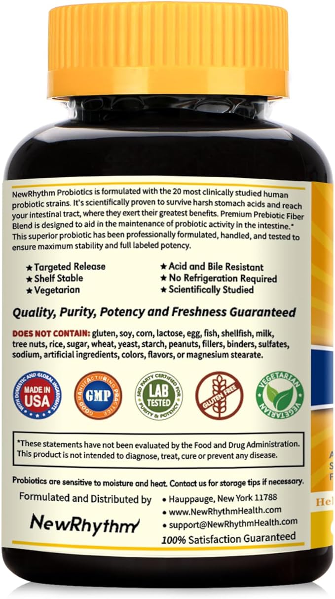 NewRhythm Probiotics 50 Billion CFU 20 Strains, 120 Veggie Capsules, Targeted Release Technology, Stomach Acid Resistant, No Need for Refrigeration, Non-GMO, Gluten Free