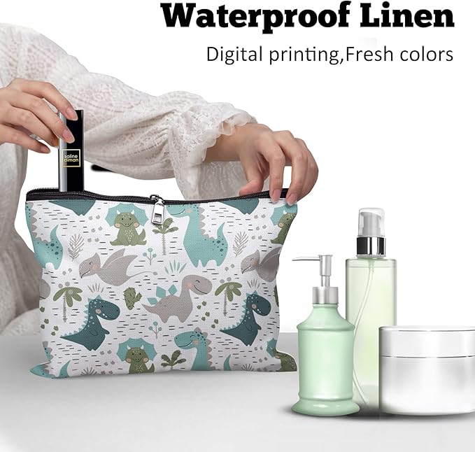 Cafl Cute Dinosaur Makeup Bag Dino Make Up Bag Zipper Cosmetic Pouch Large Toiletry Bag Travel Linen Make Up Organizer for Purse for Women 10×8Inch