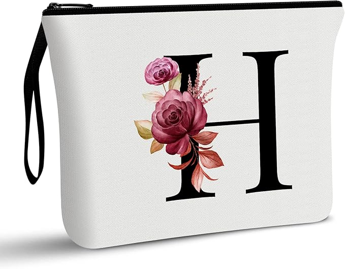 Vavabox A-Z Personalized Makeup Bag, Birthday Gifts for Women Mom, Gifts for Best Friend, Bride Bridesmaid Cosmetic bag (H, White)