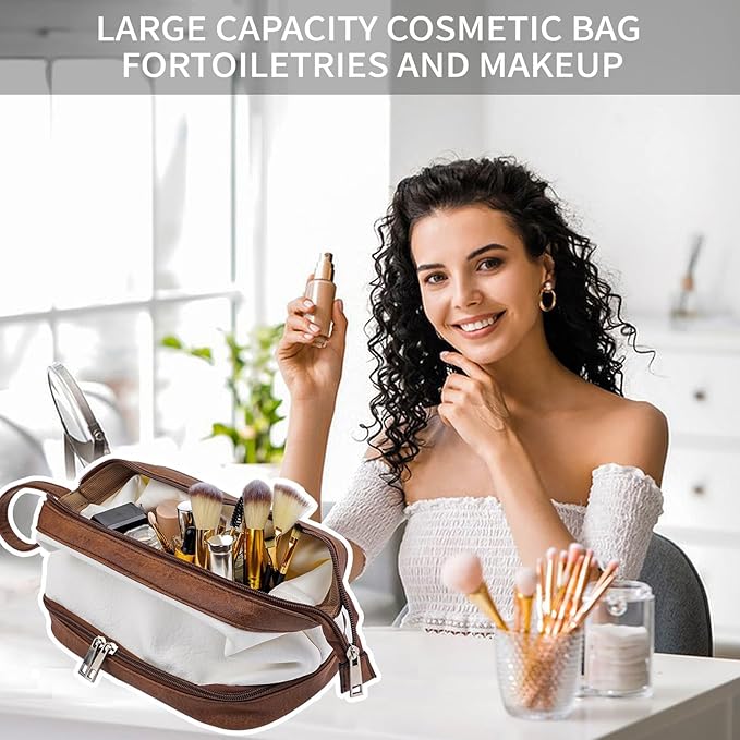 Stylish Makeup Bag Organizer Travel Case for Women Cosmetic Bag for Toiletries and Makeup Waterproof Leather Cosmetic Bag Perfect Fit Home or on the Go (C-White/Brown)