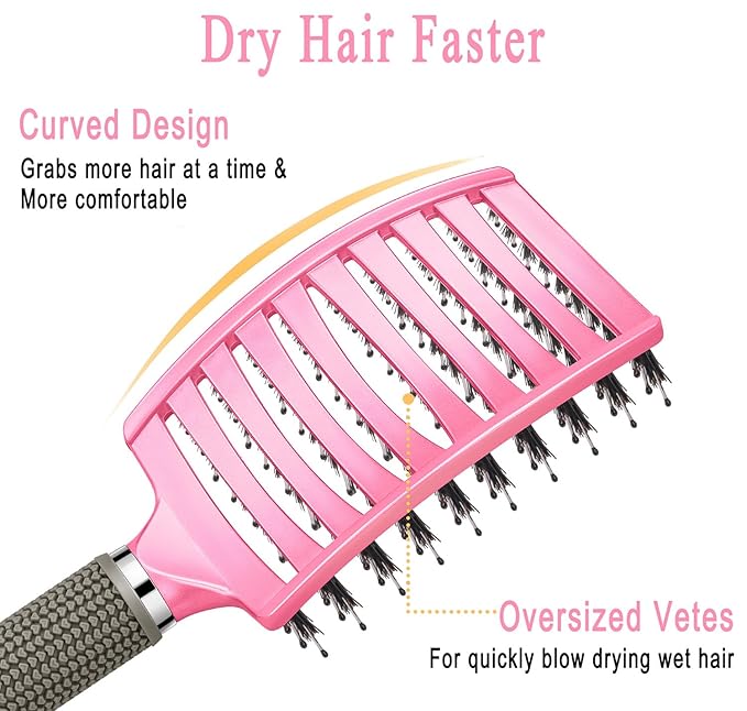 KTKUDY Detangling Brush Boar Bristles Hairbrush Make Hair Shiny & Healthier Curved and Vented Detangler Brush for Women Men Kids Wet & Dry Hair (Pink)