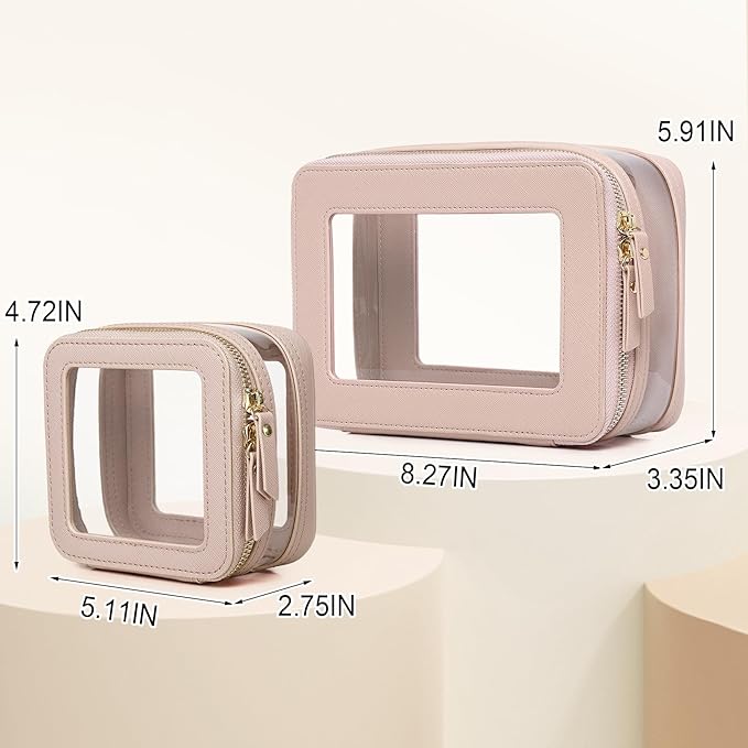 Clear Makeup Bag with Zipper Waterproof Travel Makeup Set for Cosmetics and Toiletries Women's Purse Organizer and Car Essentials (Pink, M+MINI)