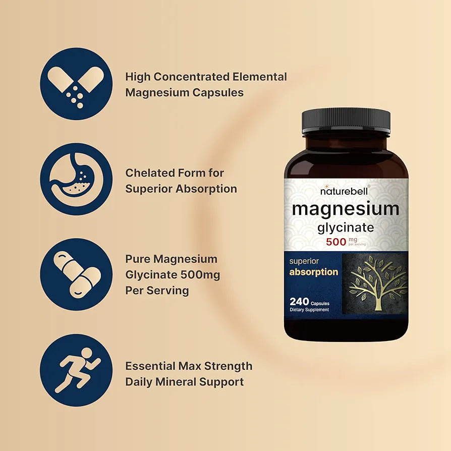 NatureBell Magnesium Glycinate 500mg, 240 Capsules | 100% Chelated & Purified | Sleep, Muscle & Heart Support | 3rd Party Tested, Non-GMO, Gluten-Free