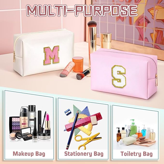 TOPEAST Small Makeup Bag Initial Cosmetic Bag Travel Toiletry Bag, Personalized Birthday Gift for Mom Sister Friends Teacher Nurse, Preppy Travel Stuff for Girls (Pink O)