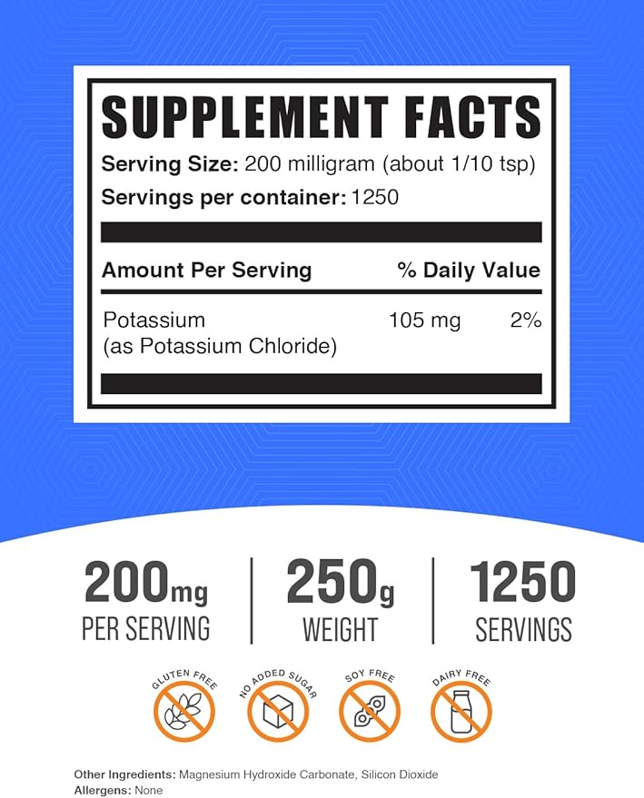BulkSupplements.com Potassium Chloride Powder - Potassium Supplement Powder, Potassium Chloride Salt Substitute, Potassium Salt - Gluten Free, 200mg per Serving, 250g (8.8 oz) (Pack of 1)
