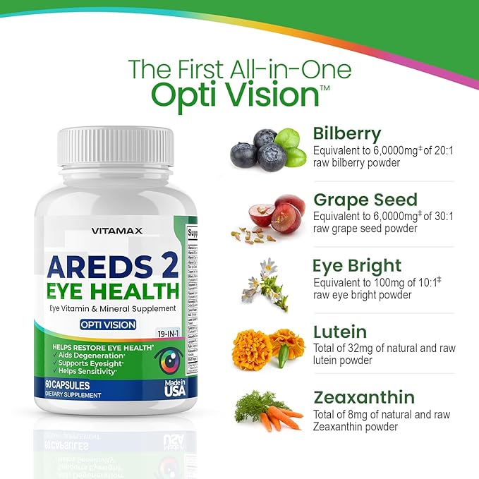 AREDS 2 Eye Vitamins - Lutein, Zeaxanthin, Bilberry, Astaxanthin Mineral Vision Supplement - Supports Eye Strain, Dry Eyes, Pressure, and Vision Health - Made in USA (60ct (Pack of 1))