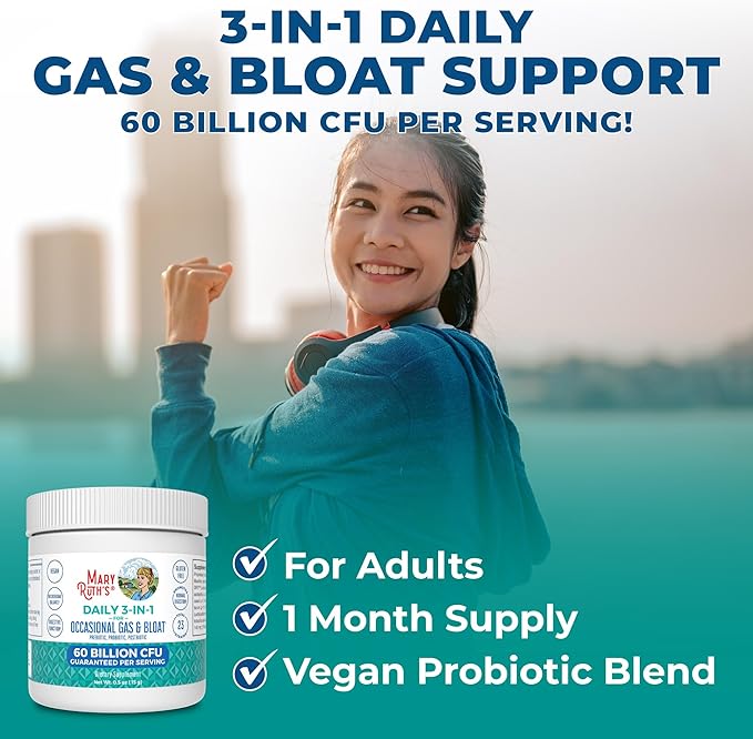 MaryRuth Organics 3-in-1 Gas & Bloat Probiotics | Probiotics for Normal Digestive Function | Probiotics for Women & Men | Prebiotics & Postbiotics | 60 Billion CFU | Shelf Stable | 0.5 oz