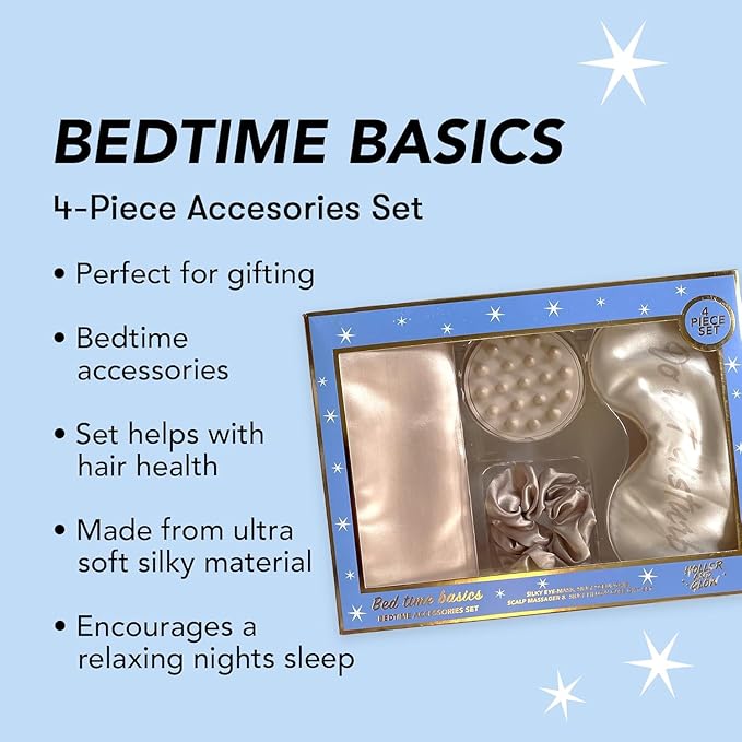 Holler & Glow Bedtime Basics Accessories Set, Limited Edition, Sleep Eye Mask, Silk Scrunchie, Hair Growth Scalp Massager, Satin Pillowcase, Beauty Sleep For Women & Mother’s, 4 Piece Gift Set