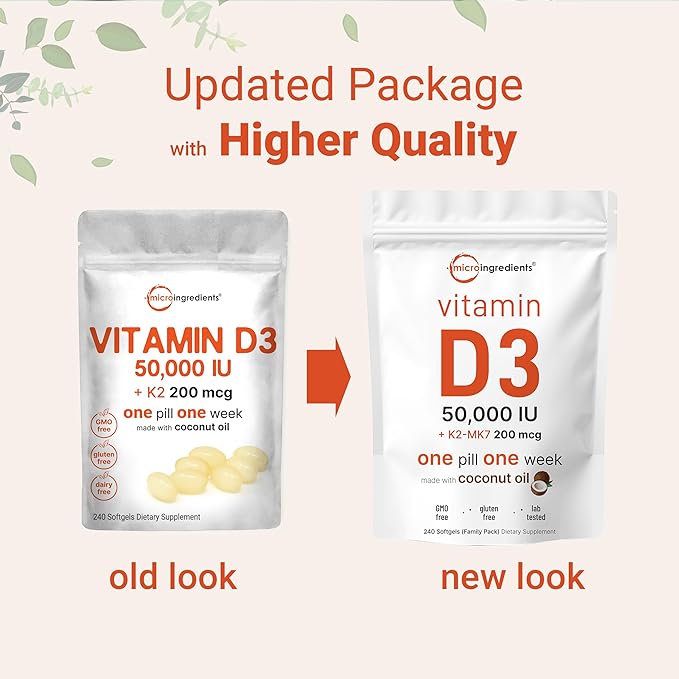 Micro Ingredients Vitamin D3 50,000 IU + K2 MK-7 200 mcg, 240 Softgels | Virgin Coconut Oil | 2-in-1 Bone, Immune & Heart Support | Easy to Swallow, Non-GMO