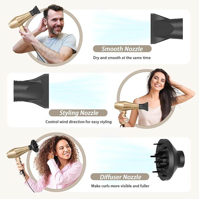 Ionic Hair Dryer,2400W Negative Ion Low Noise Hair Dryer Professional Fast Drying Hair Dryer with 2 Speeds, 3 Heat Settings, Cooling Button,with Diffuser for Curly and Straight Hair(Champagne Gold)