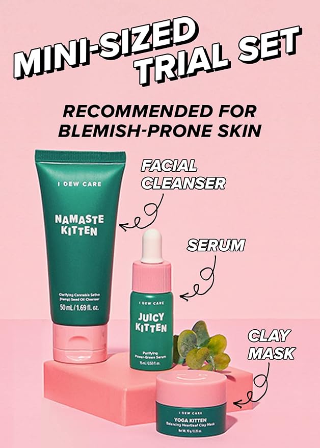 I Dew Care Skin Care Set - Kitten My Balance On + Skincare Set - Vitamin To Glow Pack | Illuminating Vitamin C Trio with Niacinamide, Travel Size, Cream, Lip Mask, Serum Bundle