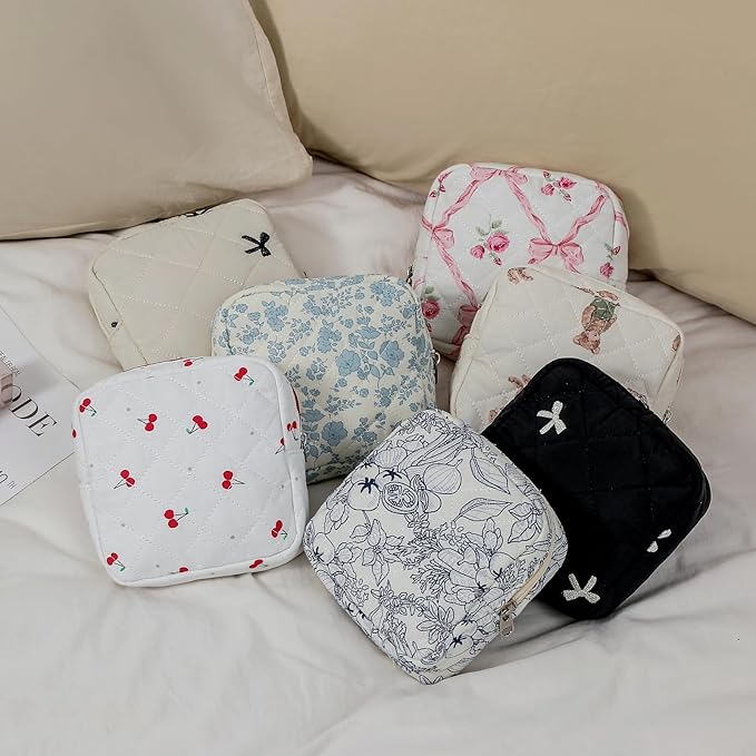 Small Quilted Cotton Makeup Bag for Purse, Cosmetic Bag with Compartments, Cotton Aesthetic Makeup Bag, Travel Toiletry Pouch, Key Pocket Lipstick Bag Card Holder Data Cable Organizer(07Cherry)