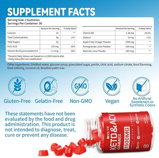 Brilhante Keto ACV Gummies - 1500mg Apple Cider Vinegar Gummies with Pomegranate Beetroot & Vitamin B12 B6 - for Men & Woman - GMO Free & Vegan - 120 Count
