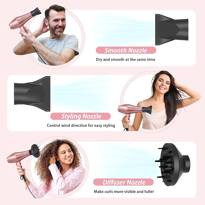 Ionic Hair Dryer,2400W Negative Ion Low Noise Hair Dryer Professional Fast Drying Hair Dryer with 2 Speeds, 3 Heat Settings, Cooling Button,with Diffuser for Curly and Straight Hair(Sakura Pink)