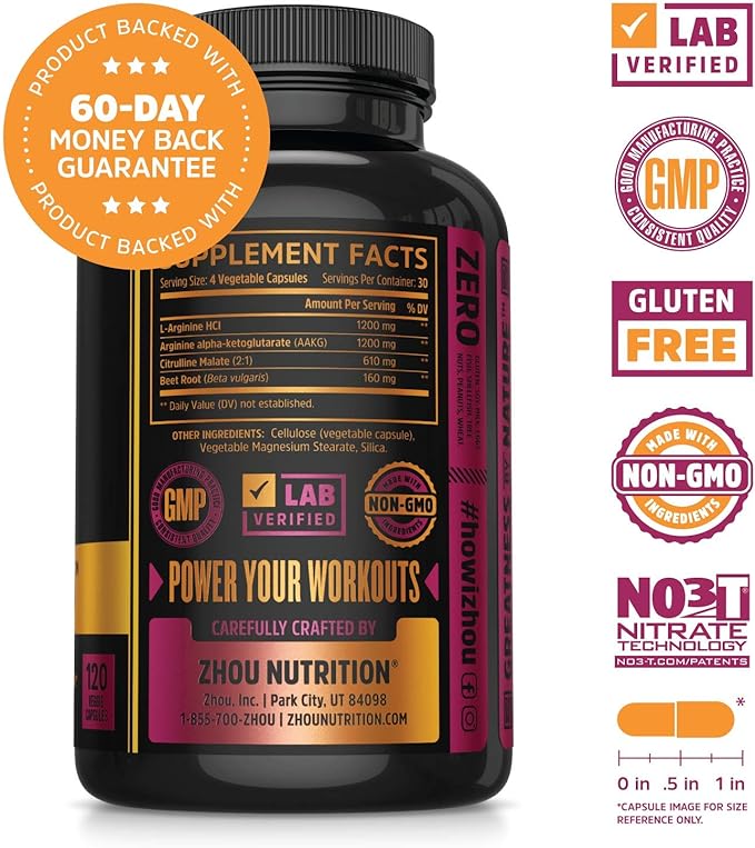 Zhou Nitric Oxide with L Arginine, Citrulline Malate, AAKG and Beet Root | Powerful N.O. Booster and Muscle Builder for Strength, Blood Flow and Endurance | 30 Servings, 120 Veggie Caps