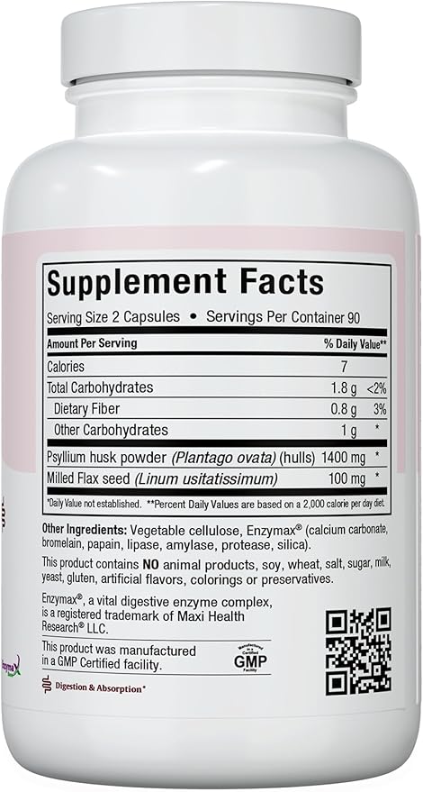 Maxi Fiber for Adults - Kosher Daily Fiber Supplement - 1500 mg Fiber Capsules for Men and Women with Psyllium Husk - Dietary Fiber Pills (Capsules 180 Count (Pack of 1))