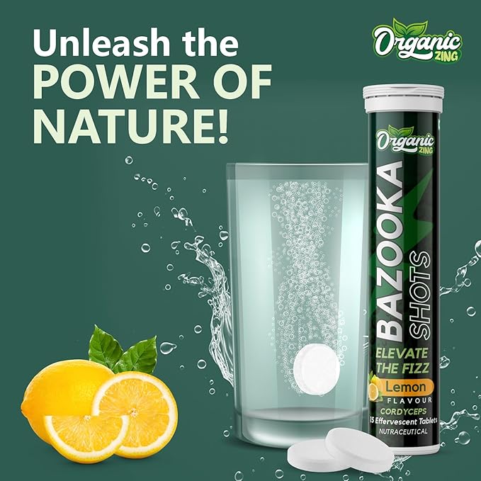 Bazooka Energy Effervescent Tablets - Energy Boost, Pre-Workout, No Crash, & Boost Immunity with Cordyceps Extract - Lemon Flavor, 15 Tablets