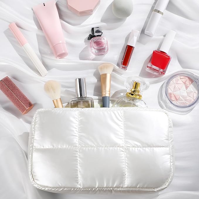 Hillban Puffy Quilted Makeup Bag Quilted Cosmetic Bag Cute Puffer Toiletry Checkered Pouch Aesthetic Travel Makeup Brushes Organizer(White,Elegant)