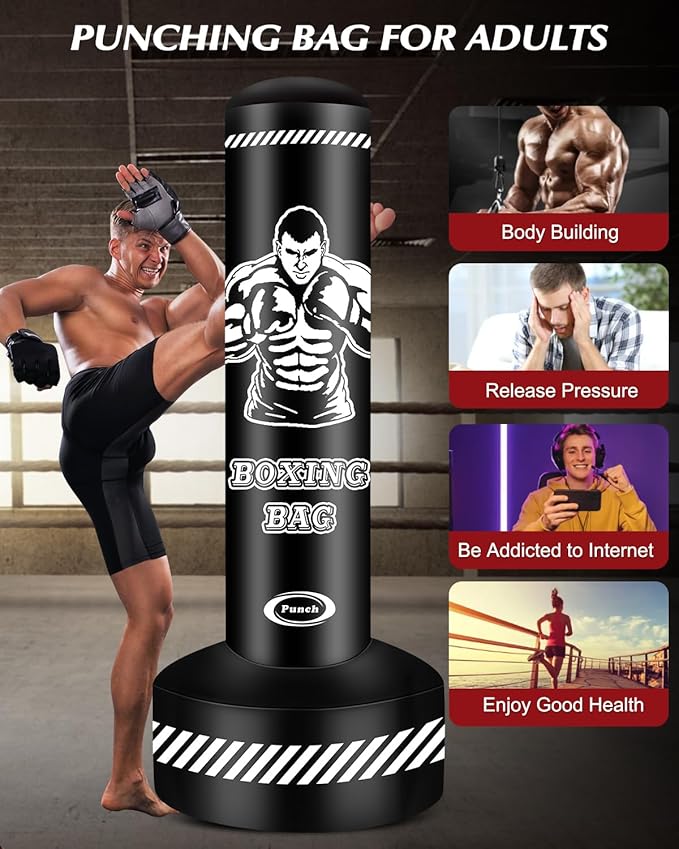 Standing Punching Bag for Adults Teens, 70" Heavy Punching Bag with Stand, Heavy Bag Inflatable Kick Boxing Bag Training Equipment Bags for Training MMA Muay Thai Fitness