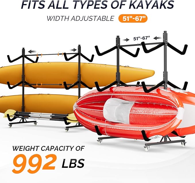 Bonnlo Kayak Stand Freestanding Storage Rack for Kayak Canoe Boat Paddle Board SUP Surfboard for Indoor Outdoor Garage, Shed, Dock with Lockable Wheels Wide Adjustable
