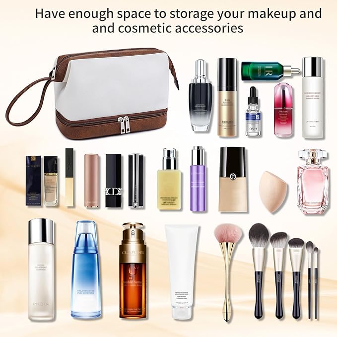 Stylish Makeup Bag Organizer Travel Case for Women Cosmetic Bag for Toiletries and Makeup Waterproof Leather Cosmetic Bag Perfect Fit Home or on the Go (C-White/Brown)