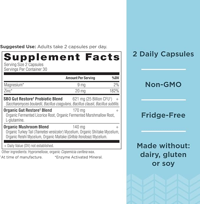 Probiotics by Ancient Nutrition, SBO Probiotics Gut Restore 60 Ct, Promotes Gut Health, Digestive and Immune Support, Gluten Free, Ancient Superfoods Blend, 25 Billion CFUs* Per Serving