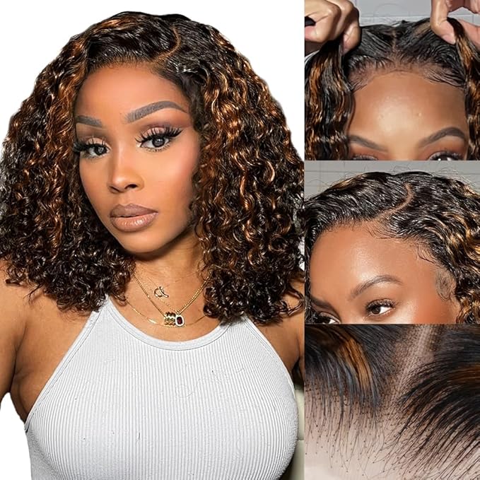 Glueless Wigs Human Hair Pre Plucked Pre Cut 1b/30 Lace Front Wigs Human Hair Wear And Go Ombre Curly Bob Wig 7x5 Lace Closure Wig Pre Everything Highlight Deep Wave Wig Human Hair 170% Density 10inch