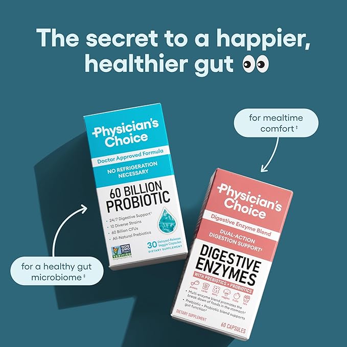 Physician's CHOICE Probiotics 60 Billion CFU - 10 Strains + Organic Prebiotics - Immune, Digestive & Gut Health - Supports Occasional Constipation, Diarrhea, Gas & Bloating - for Women & Men - 60ct