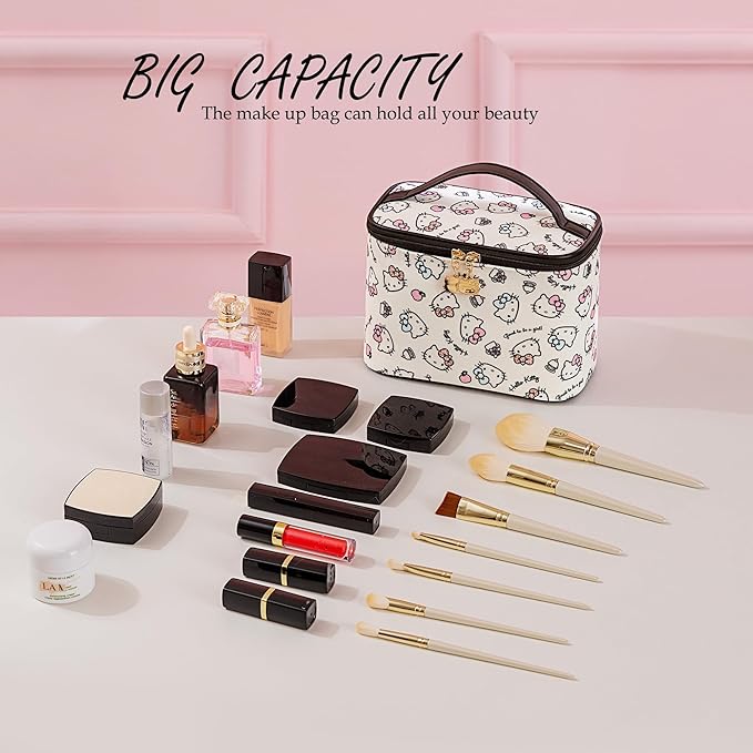 AmBealla Cosmetic Bag Large Makeup Bags White Travel Case with Makeup Brush Holder,2PCS Cosmetic Organizer for women, Toiletry Storage Bag for Skincare & Beauty Tools Sweet Cute for Girls