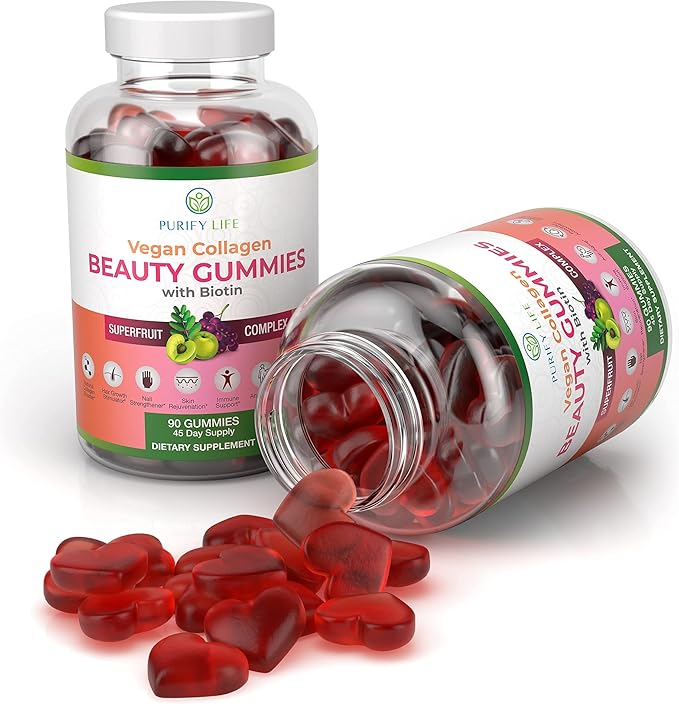Purify Life Vegan Collagen Gummies with Biotin Vitamins for Hair Skin and Nails Health, (90 Chews) Collagen Support Superfruit Complex with Resveratrol, Vitamin A, E, C - Replace Capsules, Pills