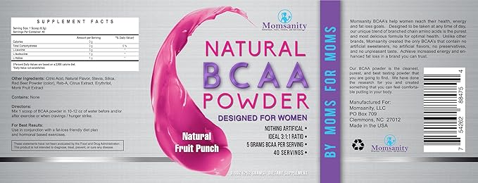 BCAA Powder Preworkout for Women - Naturally Sweetened with Stevia, Erythritol, & Monk Fruit + Delicious Recipe Guide PDF | 40 Servings (Fruit Punch)
