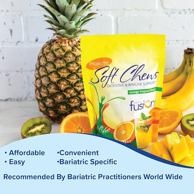 Bariatric Fusion Bariatric Probiotic Soft Chews | Orange Tropical Flavor Chewy Bariatric Vitamin | Bacillus Coagulans 10 Billion CFU Chewable Probiotic | Support Digestive & Immune Health | 60 Count