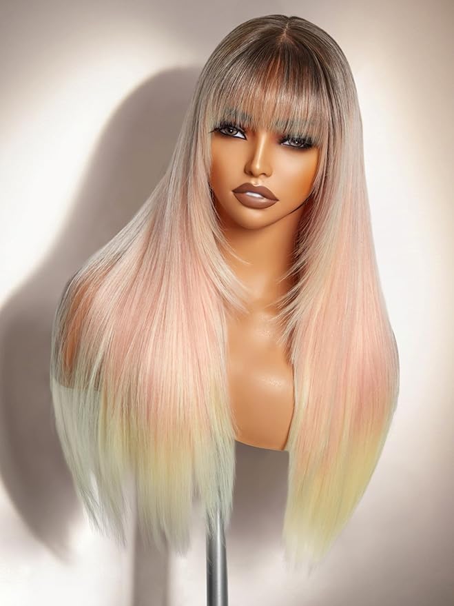 GORGIUS Straight Glueless Wig with Bangs Ombre Peach Pink Layered Hair Ready-to-Go Synthetic Bang Wigs with Realistic Scalp 24 Inch