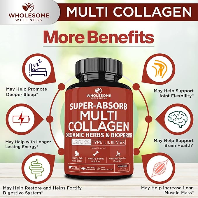 Super-Absorb Multi Collagen Pills (Type I II III V X) Organic Herbs and Bioperine - Hair, Skin, Nails, Joints - Hydrolyzed Collagen Peptides Protein Supplement for Women Men (90 Capsules)