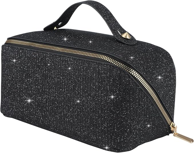 KEYPOWER Large Capacity Glitter Sequin Cosmetic Bag Travel Makeup Bag Sparkly and Shiny Portable Toiletry Bag with Handle for Women (Black)