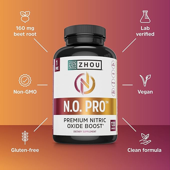 Zhou Nitric Oxide with L Arginine, Citrulline Malate, AAKG and Beet Root | Powerful N.O. Booster and Muscle Builder for Strength, Blood Flow and Endurance | 30 Servings, 120 Veggie Caps