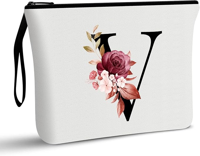 Vavabox A-Z Personalized Makeup Bag, Birthday Gifts for Women Mom, Gifts for Best Friend, Bride Bridesmaid Cosmetic bag (V, White)