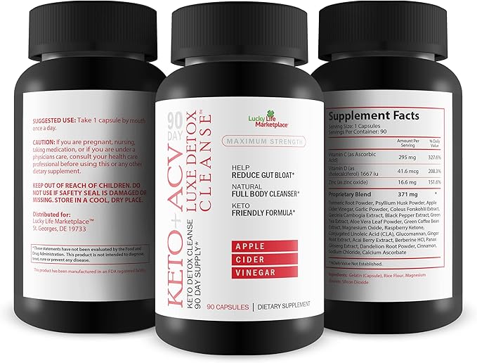 90 Day Keto + Acv Luxe Detox Cleanse - Psyllium Keto Detox Cleanse 90 Day Supply - Help Reduce Gut Bloat & Belly Size - Full Body Cleanser - Premium Keto Acv Luxe Cleanse Keto Lux