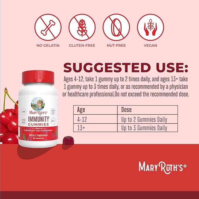 Mary Ruth's 5-1 Immunity Gummies with Elderberry for Kids & Adults | Cherry | Pectin Based | Vegan | 90 Count