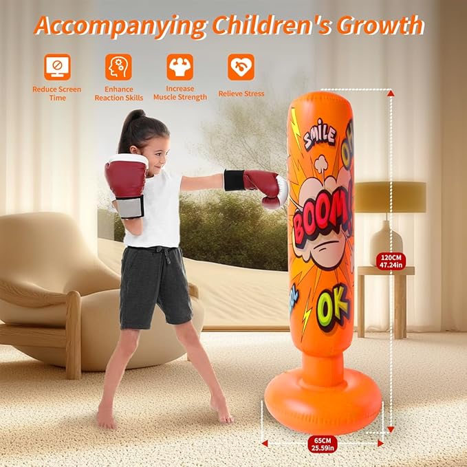 Baiao Punching Bag, Inflatable Kids Boxing Bag for Kids 3-12, Boxing Equipment for Child and Adults, Christmas, Birthday Gifts, Punching Bag Practice Karate, Taekwondo