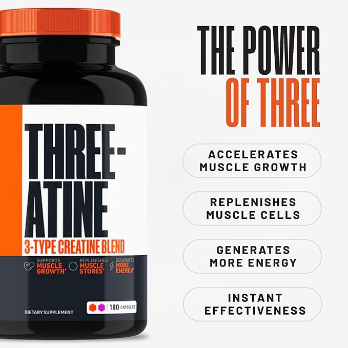 Creatine Capsules - 5g Premium 3X ThreeAtine Pre Workout Bulk Muscle Mass Gainer - High Absorption Easy-to-Take Creatine Monohydrate Pills Alternative Optimum Performance for Men Women - 180 Capsules