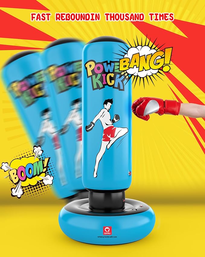 QPAU Kids Punching Bag Toy with Boxing Gloves, 66 Inch Larger Stable Kids Inflatable Boxing Bag Set, Gifts for Boys & Girls Age 6-12, for Practicing Karate, Taekwondo, MMA