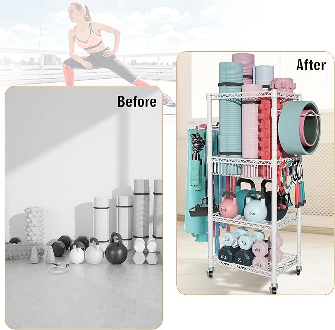 Home Gym Storage, 3 Tiers Workout Equipment Organizer with Wheels for Yoga Mats, Foam Roller, Dumbbells, Kettlebells, and Resistance Bands