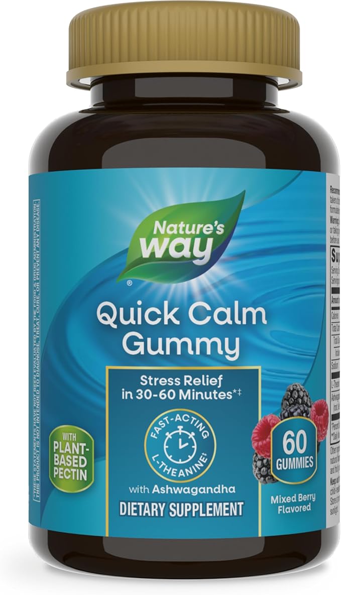 Nature's Way Quick Calm Gummies, L-Theanine for Relaxation*, Fast-Acting, Stress Relief from L-Theanine Within 30-60 minutes*, with Ashwagandha, Vegetarian, Mixed Berry Flavored, 60 Gummies