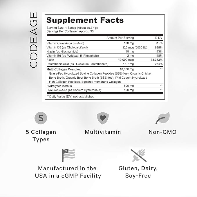 Codeage Multi Collagen for Women & Men Biotin 10000mcg Keratin, Protein Powder Vitamin C B6 D3, Hyaluronic Acid, Niacin - Hydrolyzed Collagen Coffee Creamer 5 Types - Unflavored - Non-GMO - 11.5oz