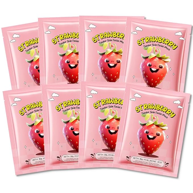 8 Pack Strawberry Face Mask,Pink Face Masks Spa Day kit Supplies for Teens Girls Women,Sheet Facial Mask Skincare for Kids Gifts Set,Hydrate Nourish Soothe for All Skin Types,Spa Party Favors